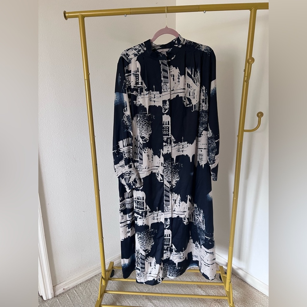 H&M Monochrome Abstract Long Sleeve Button Maxi Dress Women Med